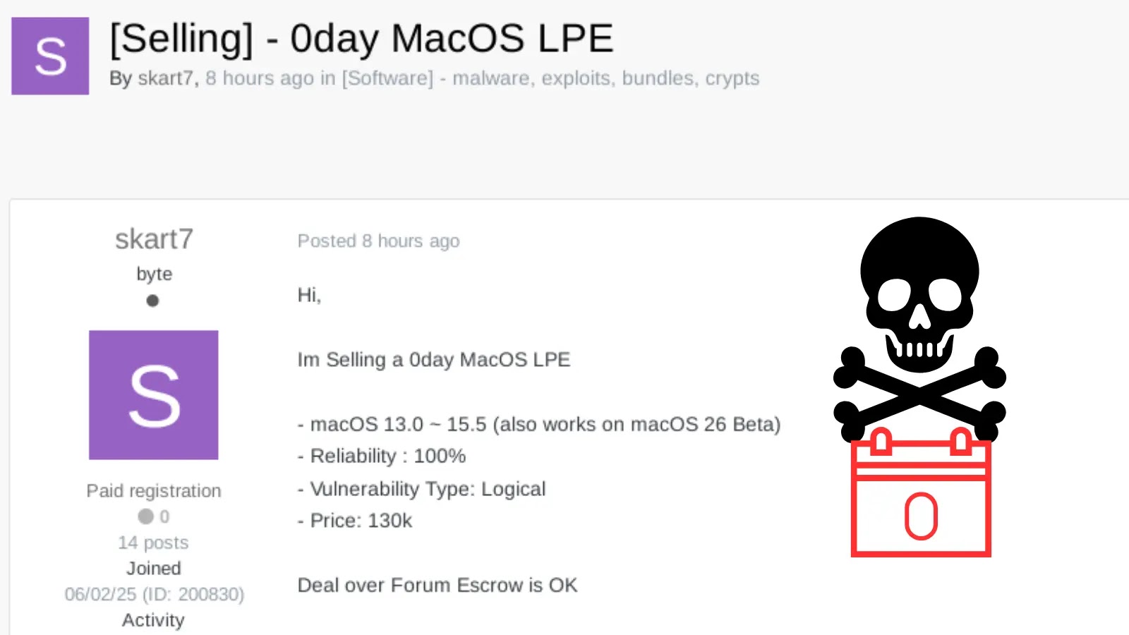 macOS 0-day LPE Exploit on Hacker Forums