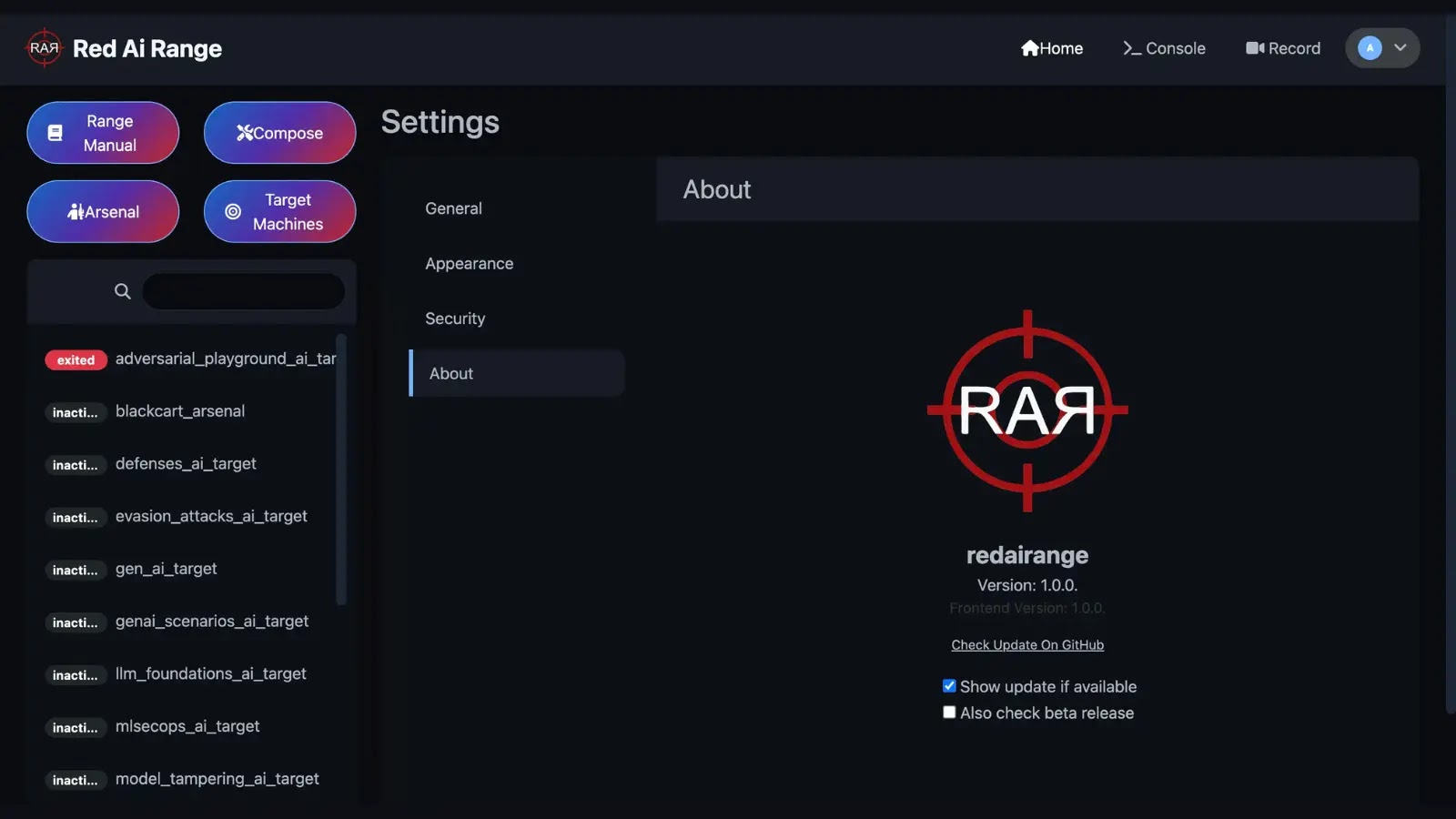 A dark-themed user interface for Red AI Range settings, showing navigation buttons on the left, a logo and version info in the center, and multiple menu options such as General, Appearance, Security, and About.