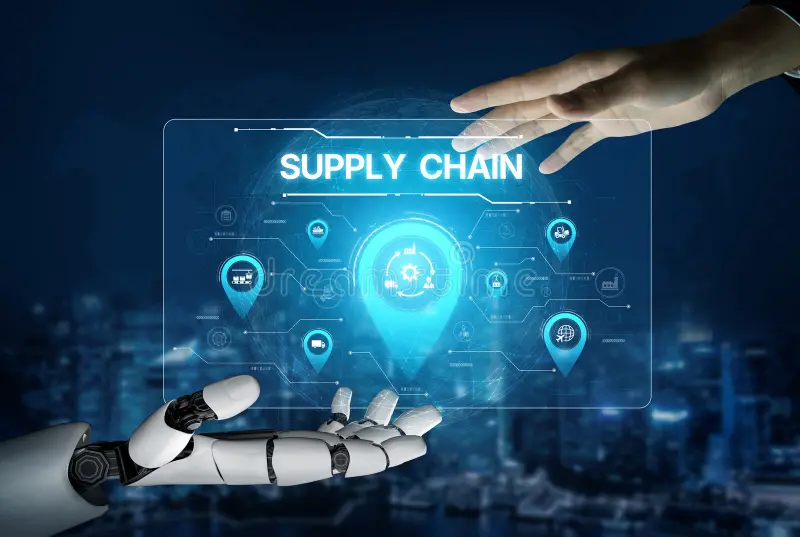 A human hand and a robotic hand reach toward a digital interface displaying the words SUPPLY CHAIN and various technology icons, symbolizing automation and integration in supply chain management.