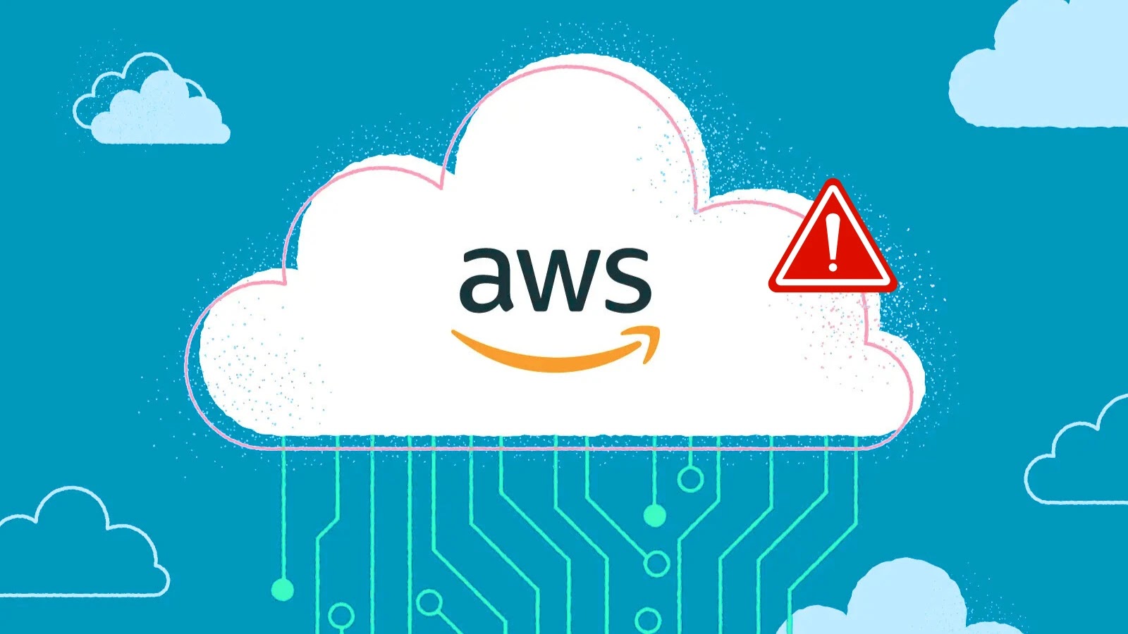 AWSDoor – Persistence to HideAWS Cloud Environment A white cloud with the aws logo and a red warning symbol is depicted above circuit-like lines, representing a cloud computing issue or alert. Blue sky and other clouds are in the background.