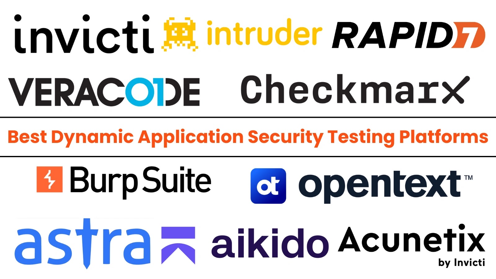 Logos of various application security testing platforms, including Invicti, Intruder, Rapid7, Veracode, Checkmarx, Burp Suite, Opentext, Astra, Aikido, and Acunetix, on a white background.