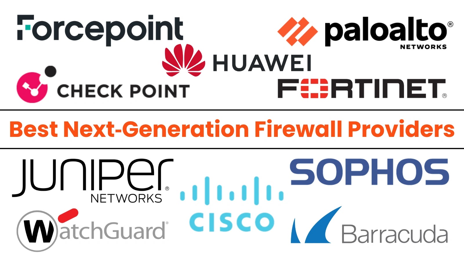 A collage of logos for top firewall providers, including Forcepoint, Palo Alto, Check Point, Huawei, Fortinet, Juniper, Sophos, WatchGuard, Cisco, and Barracuda, with a banner reading Best Next-Generation Firewall Providers.