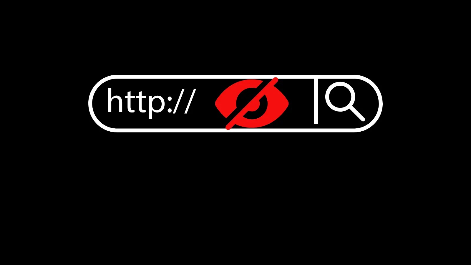 A web address bar with http:// displayed, a red eye symbol with a slash through it, and a magnifying glass icon on a black background, representing online privacy or hidden browsing.