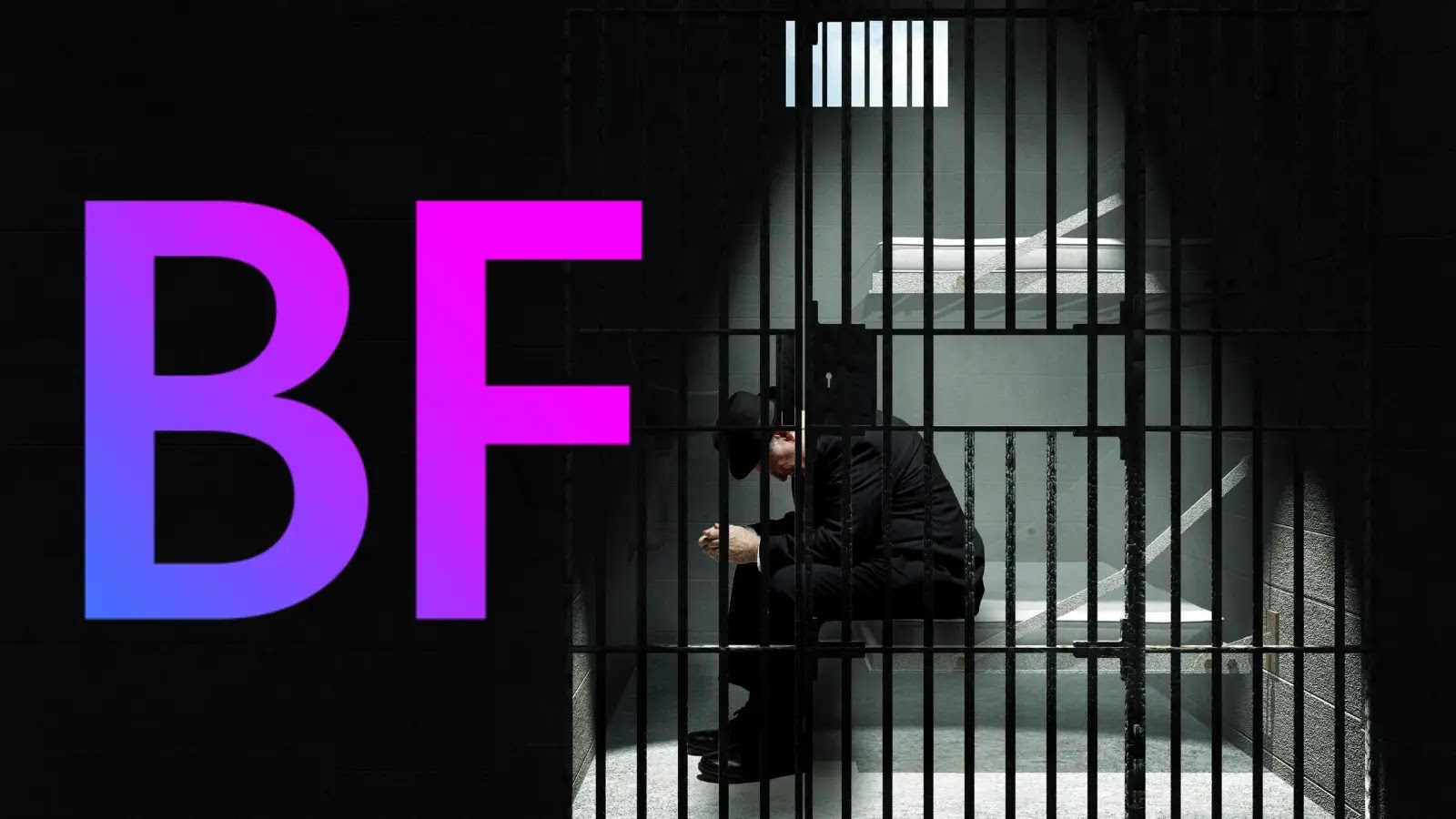 BreachForums Creator Sentenced A person sits on a bunk inside a dimly lit jail cell, appearing contemplative. Large purple and pink gradient letters BF are overlaid on the left side of the image.