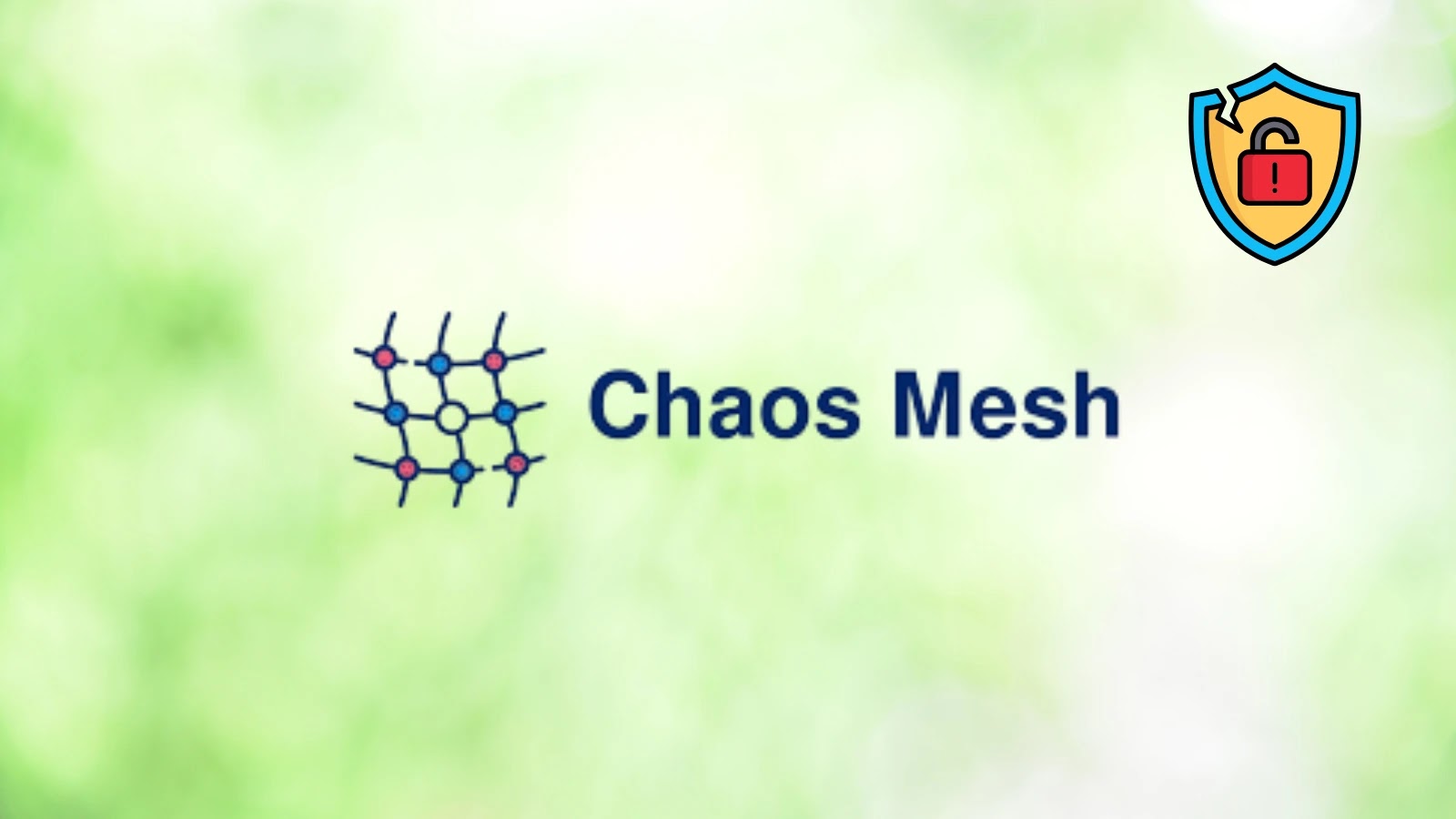 Logo for Chaos Mesh featuring a grid-like icon with dots and lines on the left, blue text on the right, and a security shield with a padlock in the top right corner on a green blurred background.