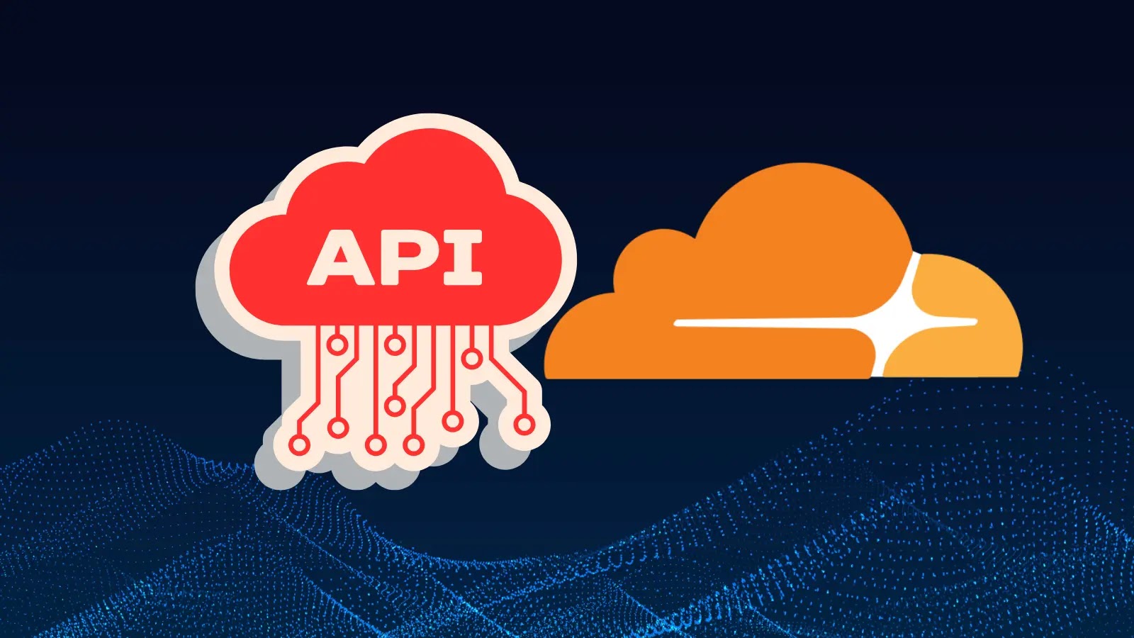 A red cloud labeled API with circuit lines next to an orange cloud logo on a dark background with blue digital wave patterns.