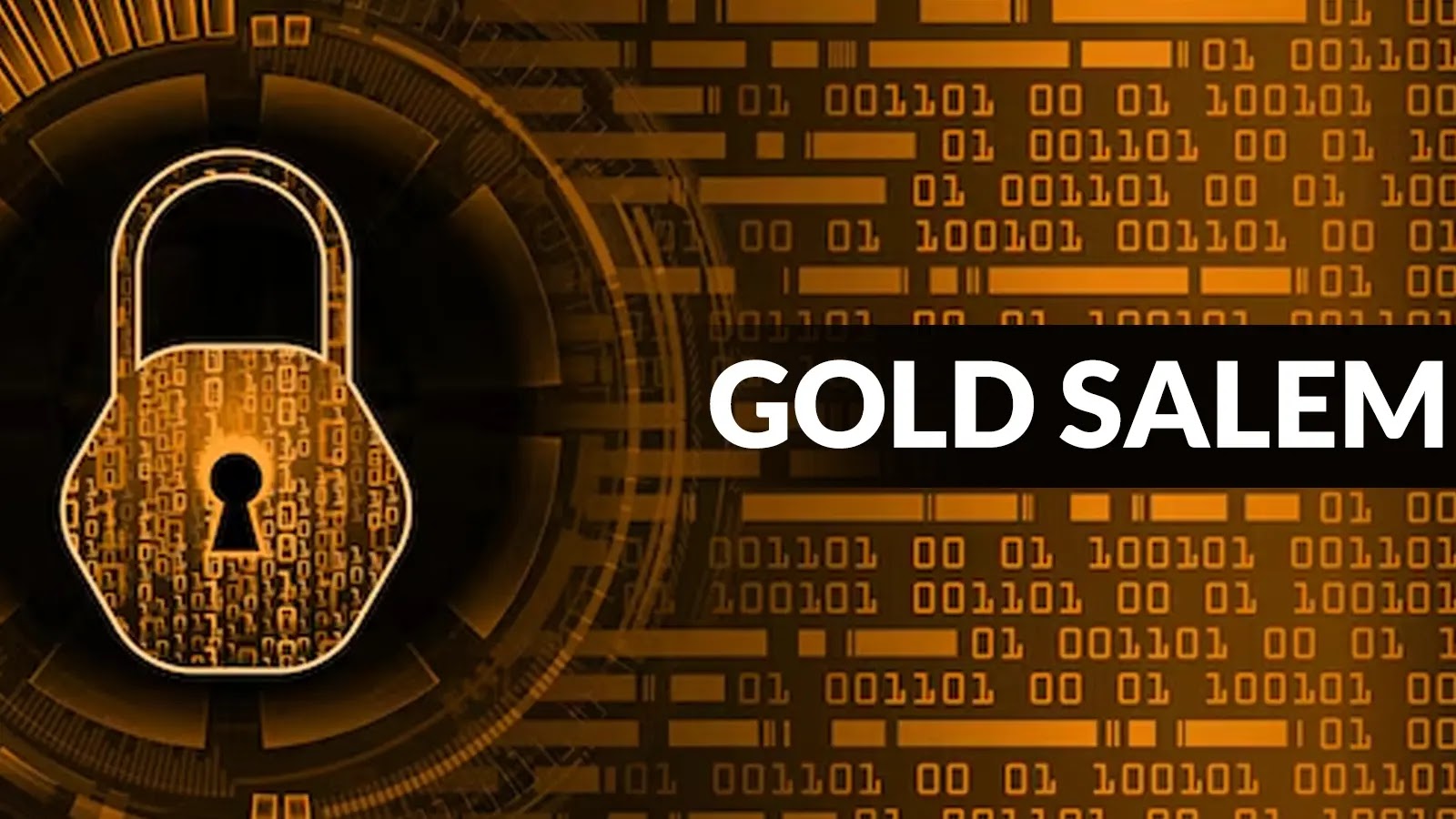 A digital illustration of a padlock with binary code on it, set against a background of more binary numbers, with the text GOLD SALEM in bold white letters on the right.