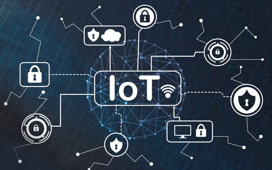 Illustration of IoT (Internet of Things) with interconnected devices, padlock icons for security, and a network pattern background representing secure data connections.