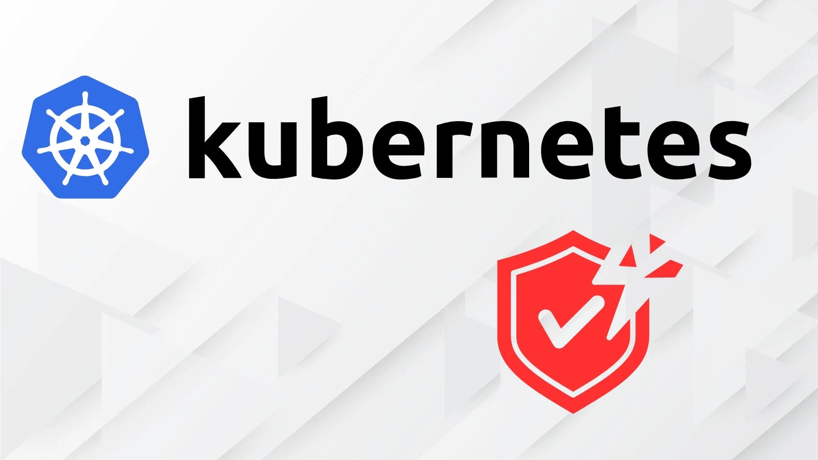 Kubernetes logo and wordmark in black, next to a red shield with a checkmark and a broken corner, representing security concerns.