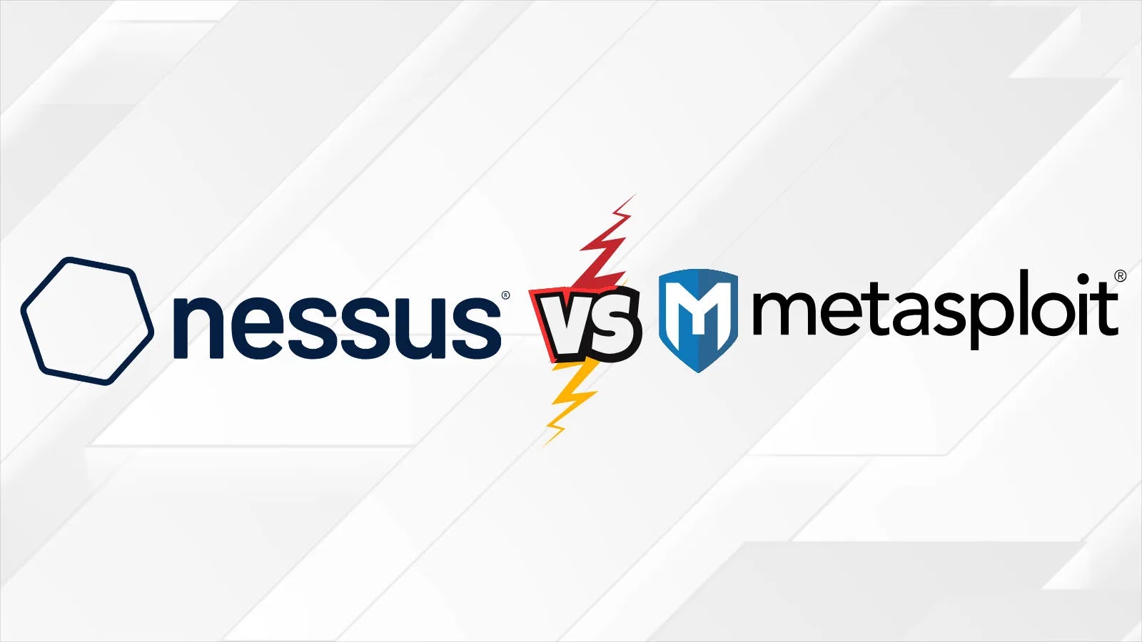 Logo of Nessus on the left and Metasploit on the right with a “vs” in the center, separated by a red and yellow lightning bolt on a light geometric background.