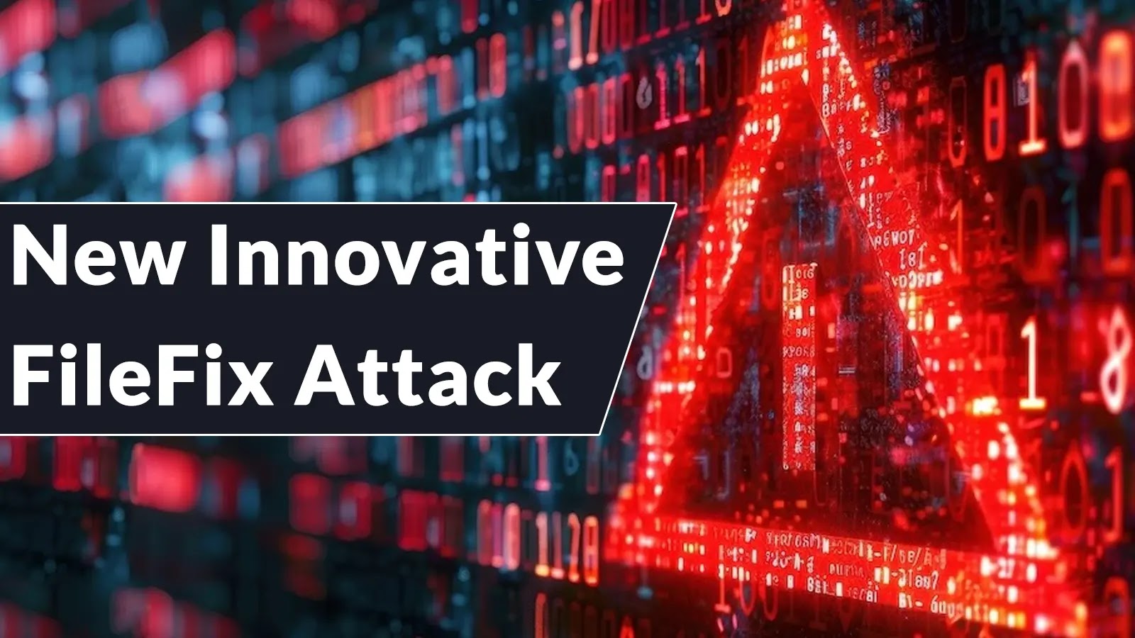 A digital warning triangle glows red against a background of binary code, with the text “New Innovative FileFix Attack” in bold white letters on a dark overlay.