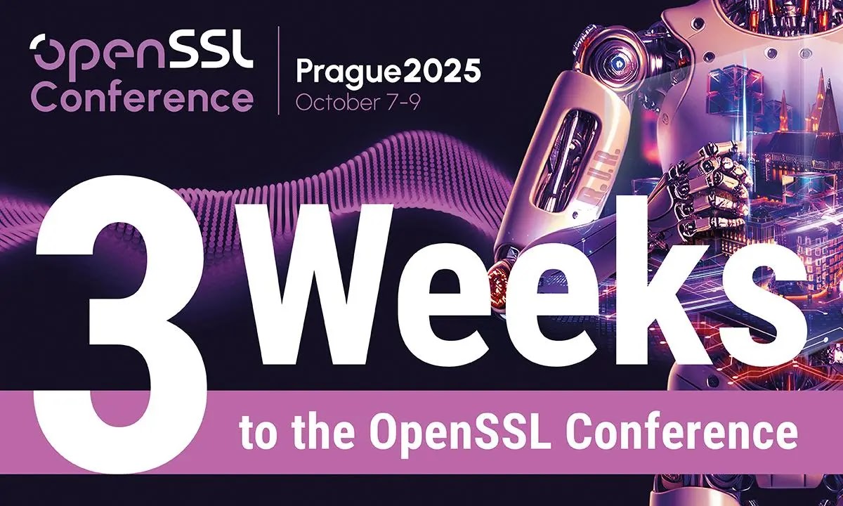 A futuristic robot with circuitry stands beside large text reading 3 Weeks to the OpenSSL Conference. The event is in Prague, October 7-9, 2025.
