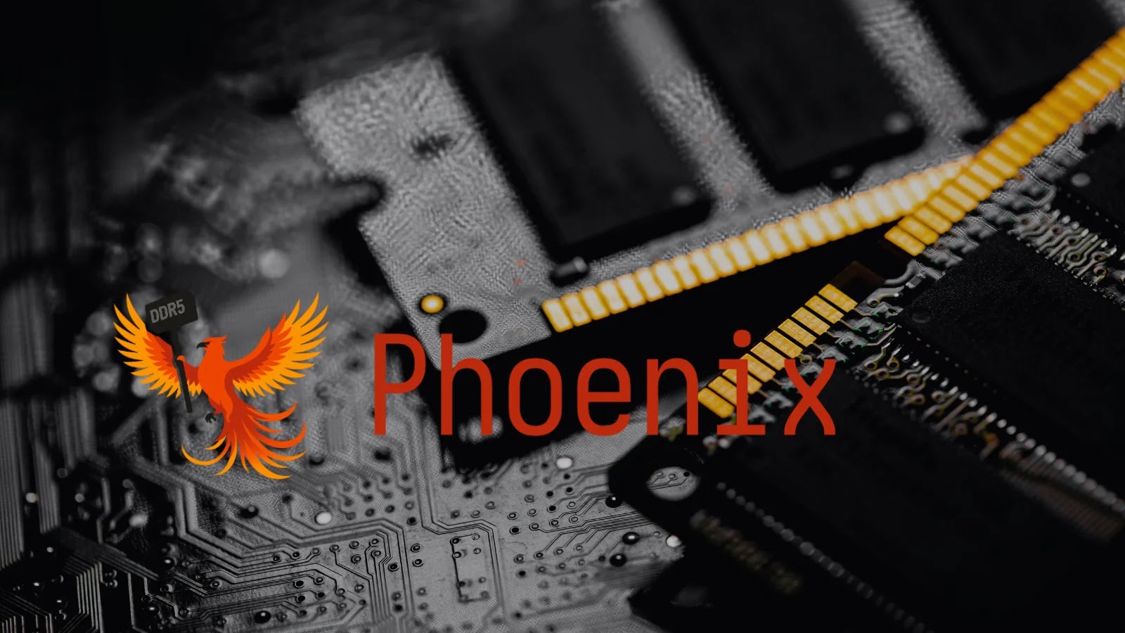 Close-up of a computer motherboard with black and gold components. Overlaid is the word Phoenix in red and an orange phoenix bird logo on the left side.