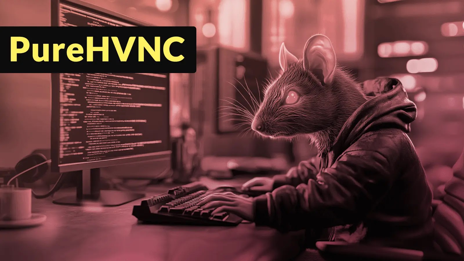 A computer-generated image of a rat wearing a hoodie, sitting at a desk, and typing on a keyboard with code displayed on a monitor. The text “PureHVNC” appears in bold in the upper left corner.