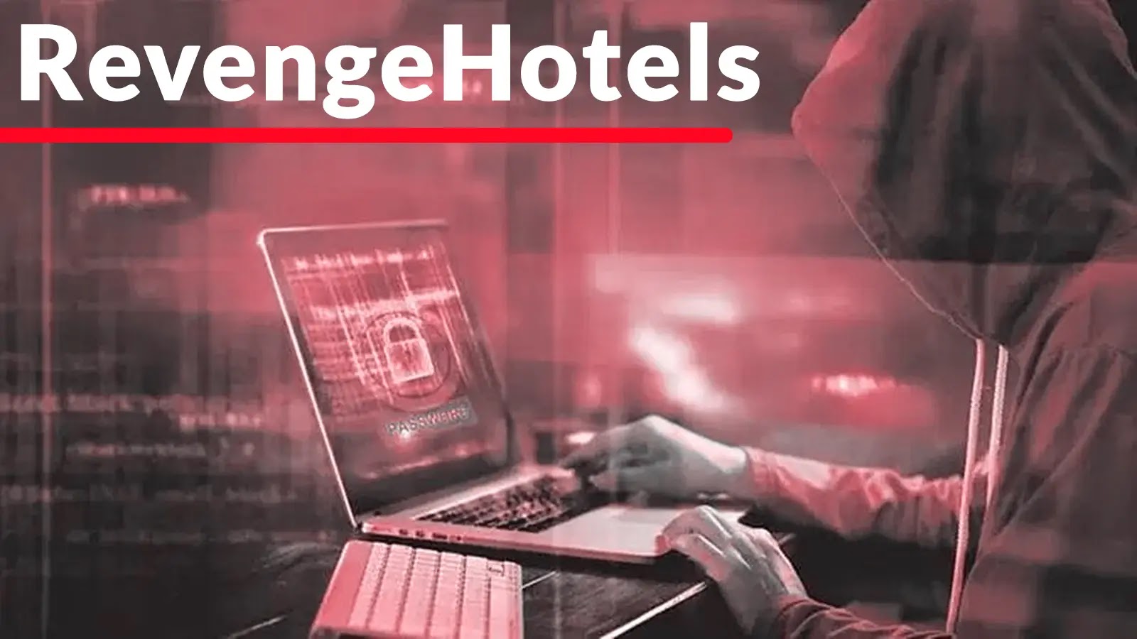 RevengeHotels Leveraging AI To Attack Windows Users With VenomRAT A person in a hoodie types on a laptop with a lock and the word PASSWORD on the screen. The image is tinted red and has the text RevengeHotels at the top.