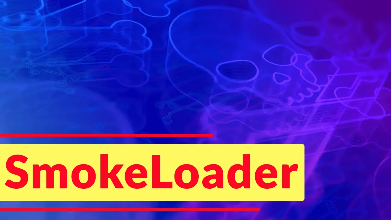 The image features the word SmokeLoader in bold red and orange text on a yellow background, with a blue and purple backdrop showing faint outlines of skulls and bones.