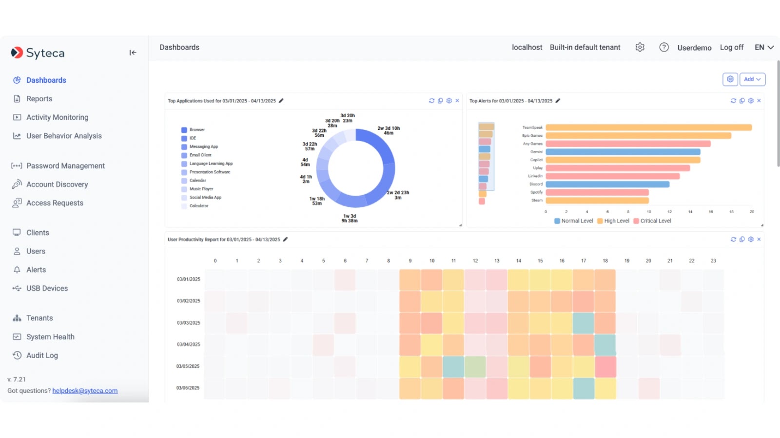 Untitled design – 2025-09-17T220848.913 A dashboard interface displays a donut chart, a horizontal bar chart, and a heat map, with navigation options on the left for reports, activity monitoring, user devices, and system health.
