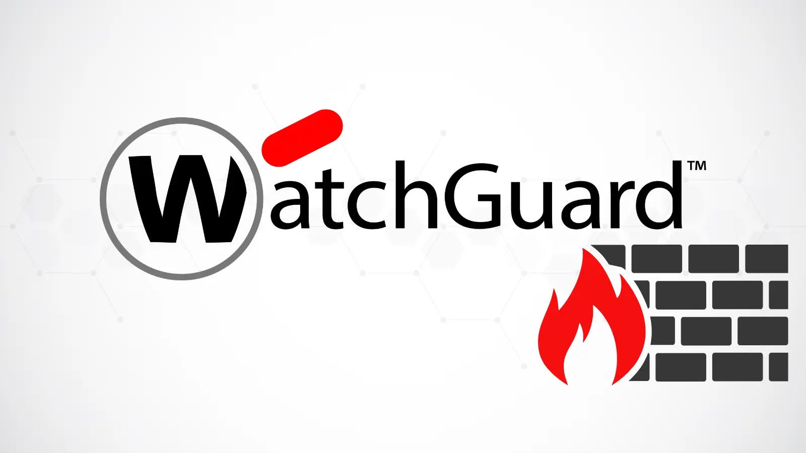 WatchGuard logo featuring the word WatchGuard with a magnifying glass over the W and a red flame next to a black brick firewall icon on a light background.