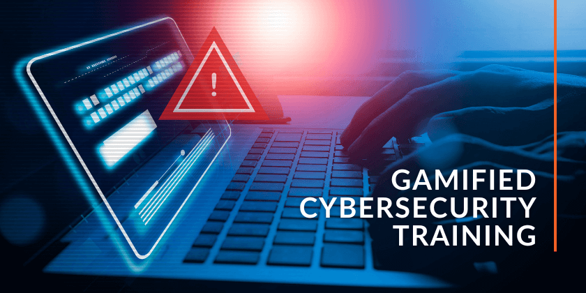 A person types on a laptop with a digital warning symbol and binary code overlay, next to the text Gamified Cybersecurity Training on a blue and red background.