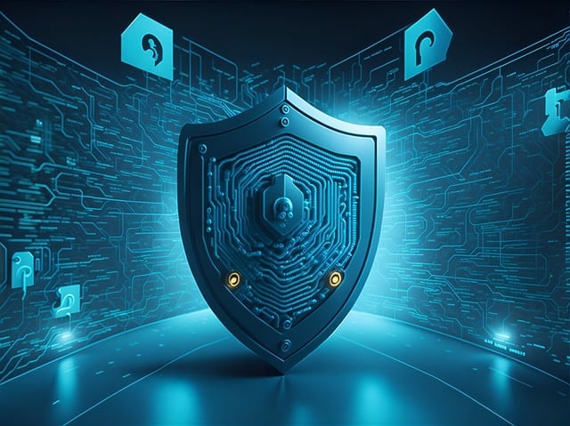 A digital illustration of a shield with a circuit board design, symbolizing cybersecurity, stands in front of a glowing blue background with padlock icons and digital patterns.