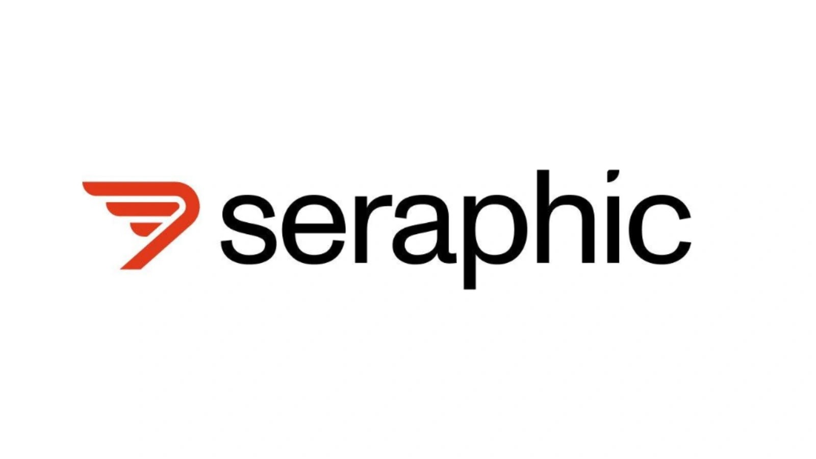 The image shows the word seraphic in lowercase black letters, with a red wing-like logo to the left of the text on a white background.