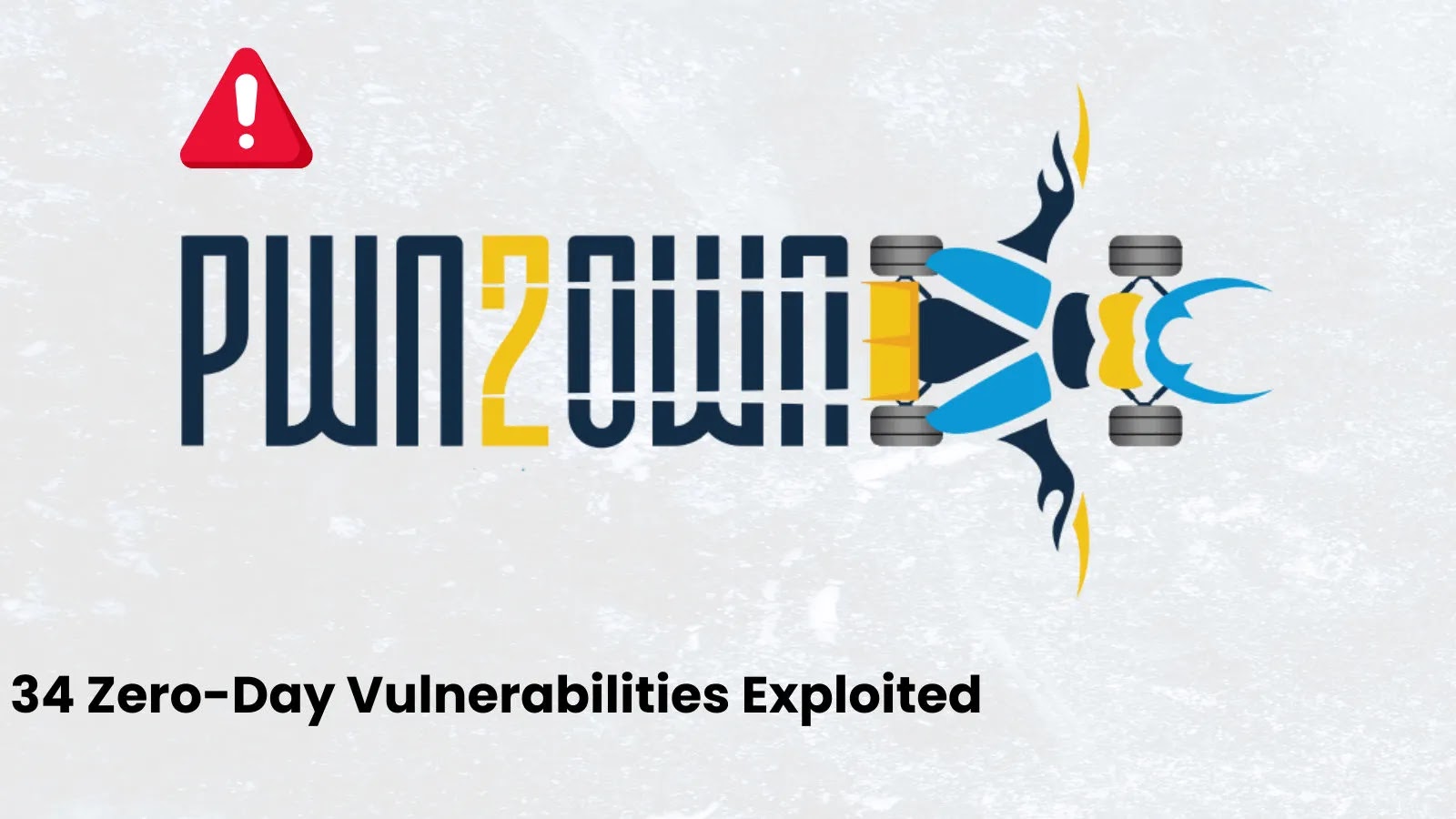 1000044991 The image features the Pwn2Own logo with a stylized car, and text below reads 34 Zero-Day Vulnerabilities Exploited. A red warning triangle with an exclamation mark appears in the top left corner.