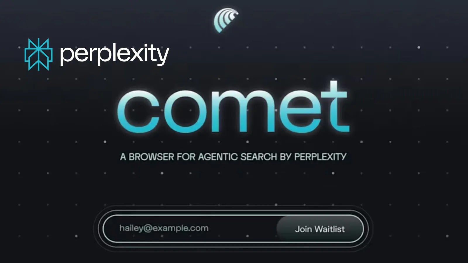 A digital promo image for comet, described as a browser for agentic search by Perplexity. The screen shows a waitlist sign-up with a sample email input and a Join Waitlist button.