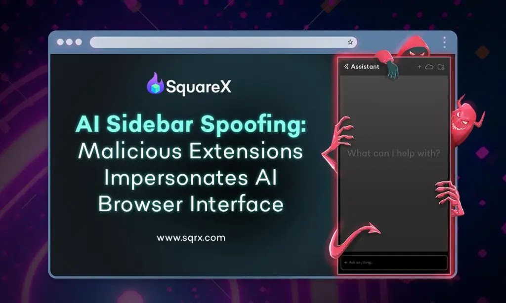 A graphic showing the SquareX logo with the text “AI Sidebar Spoofing: Malicious Extensions Impersonate AI Browser Interface” next to a spoofed AI sidebar, surrounded by cartoonish red creatures. Website: www.sqrx.com.