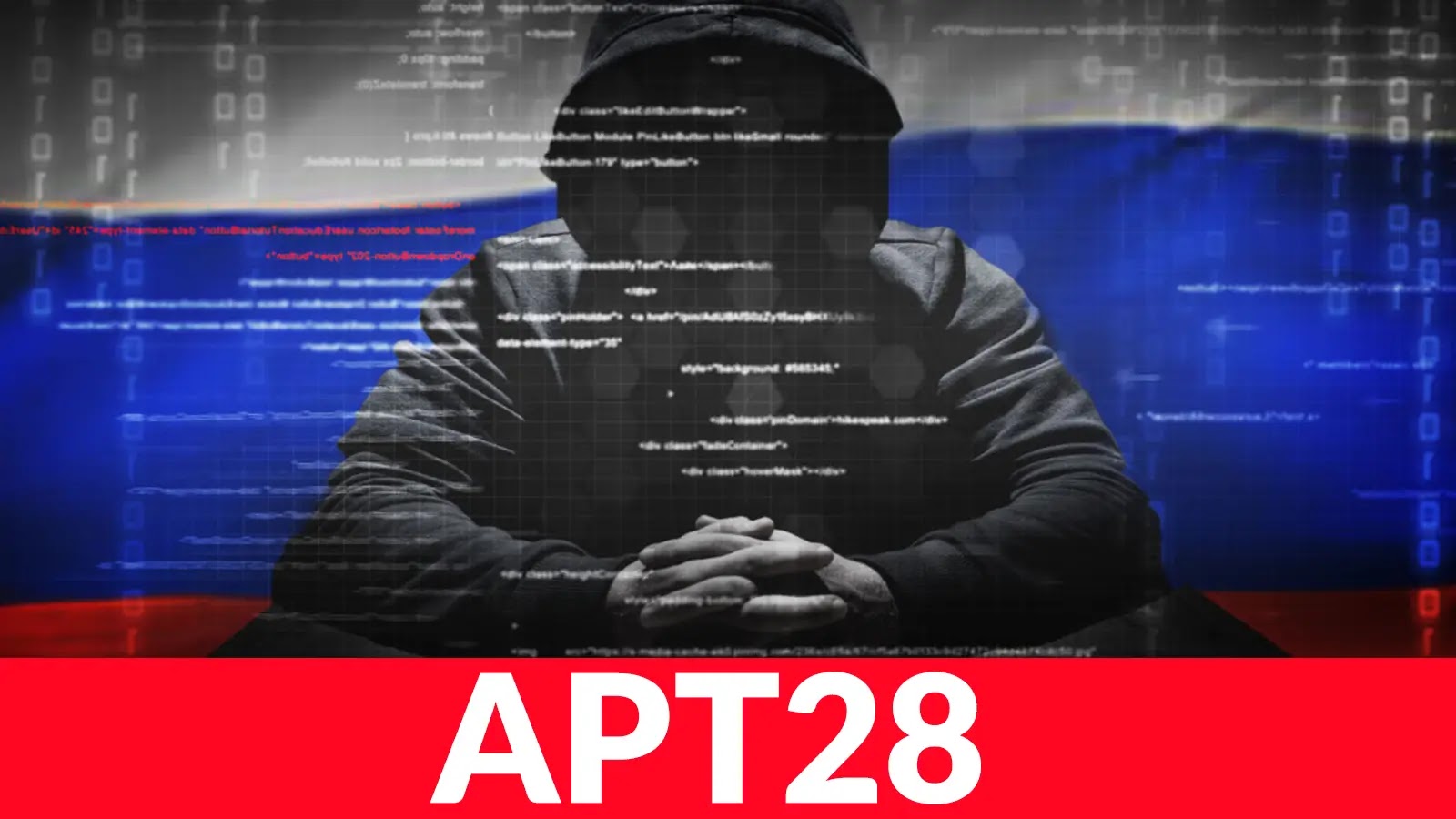 APT28 With Weaponized Office Documents Delivers BeardShell and Covenant Modules A person in a hooded sweatshirt sits at a table in front of a Russian flag, with computer code overlays. The foreground has a red banner displaying the text APT28 in large white letters.