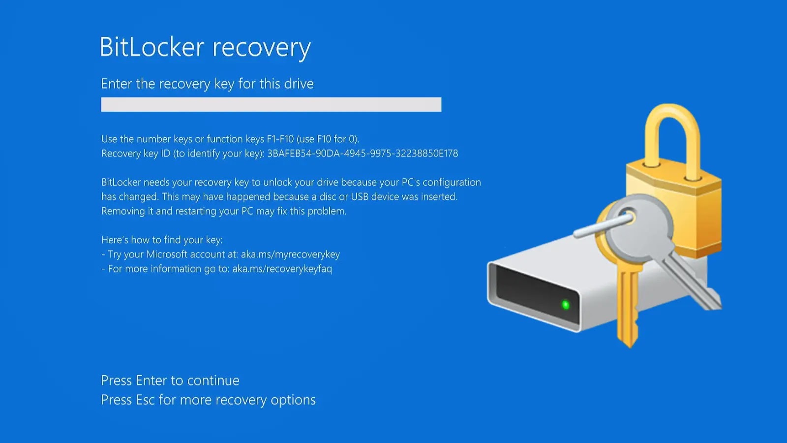 BitLocker recovery screen with a field to enter the recovery key, instructions for finding the key, and an illustration of a hard drive locked with a golden padlock and key. Blue background with white and blue text.