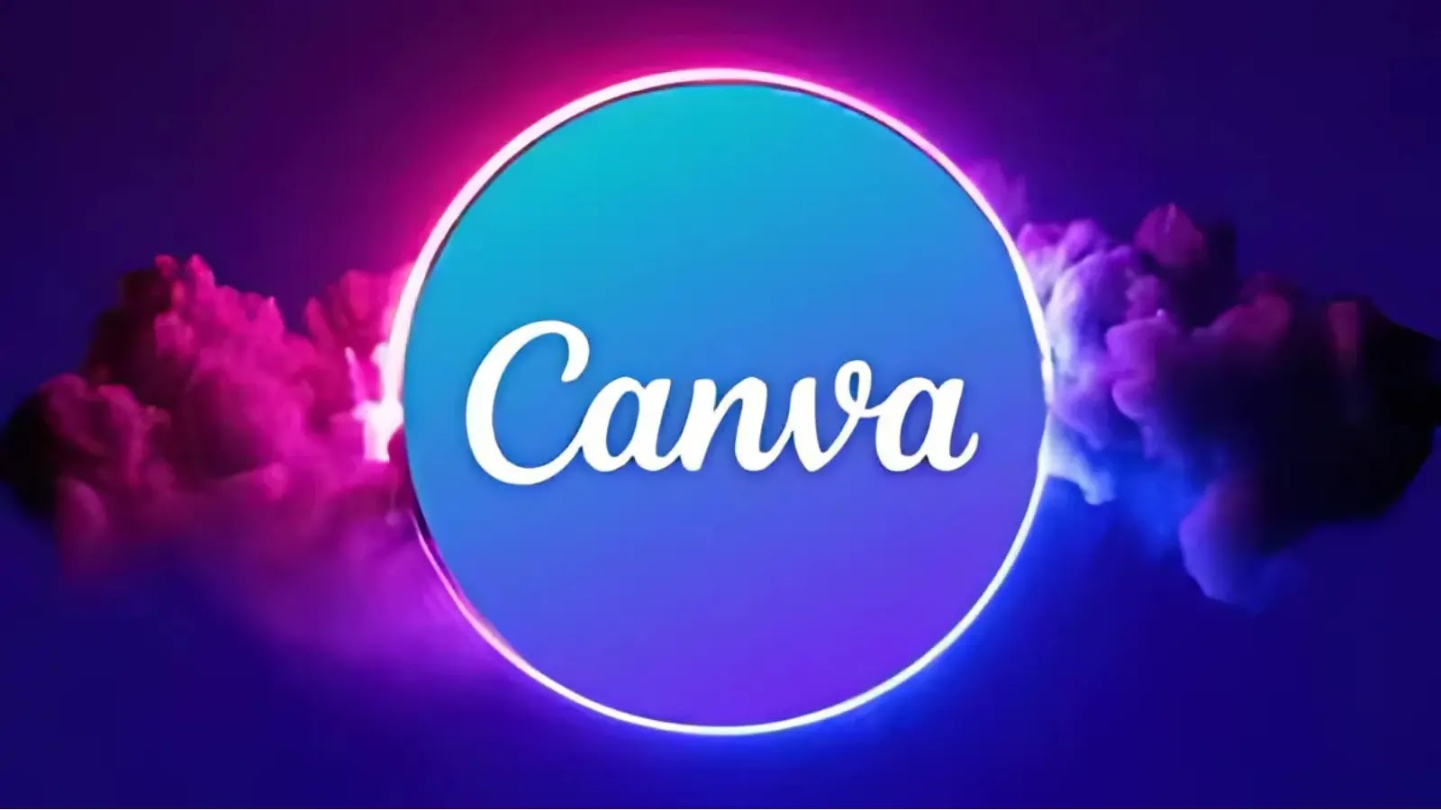 Canva Creators’ Data Exposed A glowing blue circle with the word Canva in white cursive, set against a dark background with pink and purple clouds and neon lighting effects.