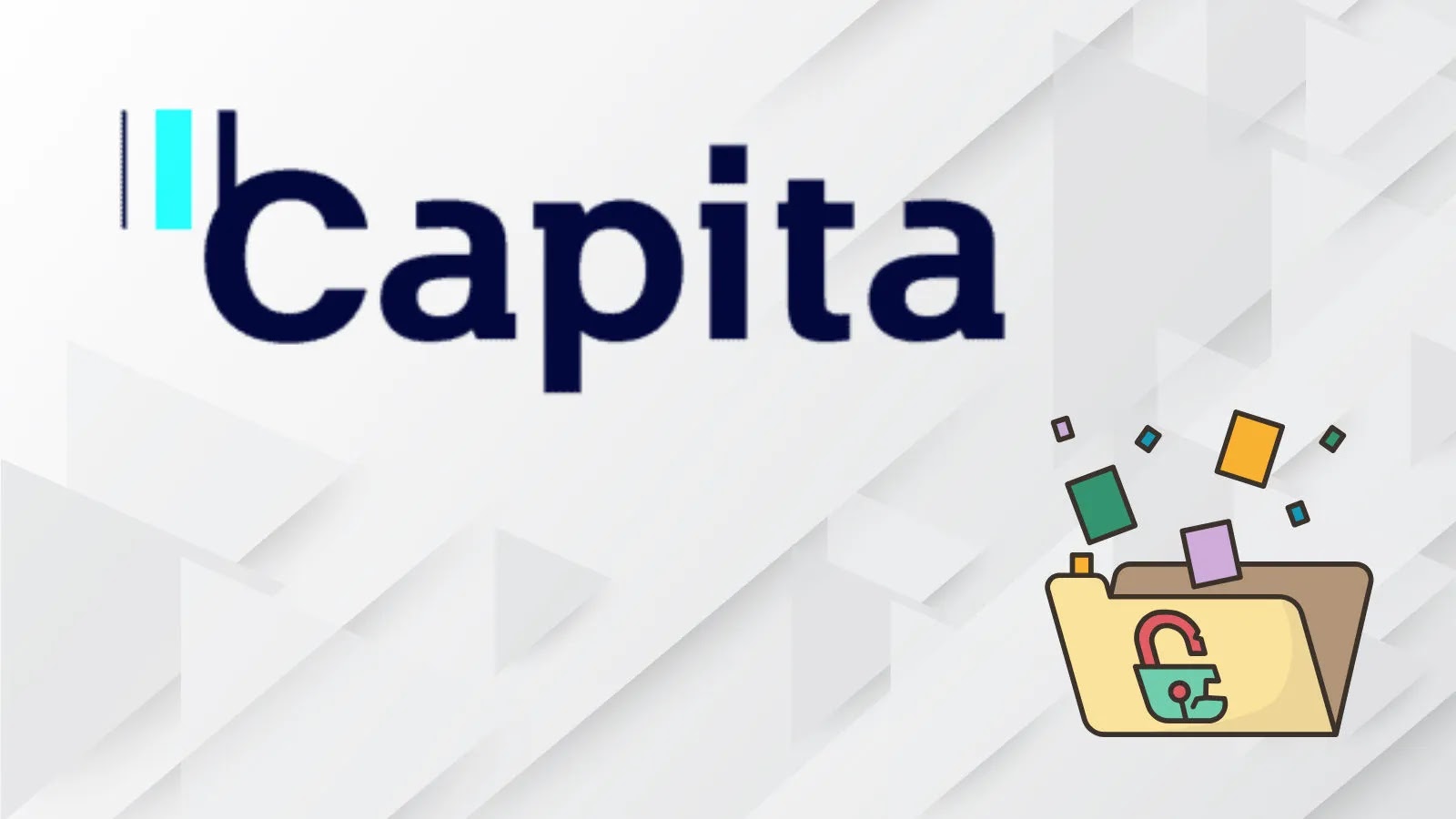 Capita To pay £14 Mi…_imresizer The image shows the Capita logo on the left and an illustration of an open folder with a red unlocked padlock and colorful shapes flying out, suggesting a data breach or security issue.