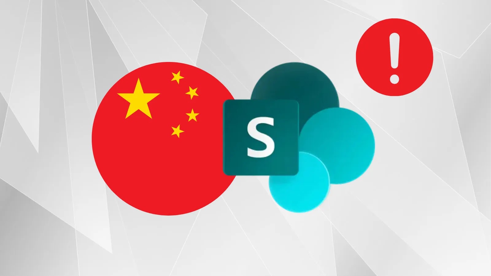 Chinese Hackers Usin…_imresizer A graphic featuring the flag of China, the Microsoft SharePoint logo, and a red exclamation mark on a light geometric background.