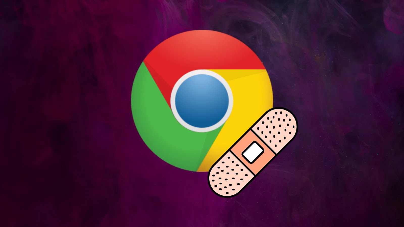 The Google Chrome logo with a cartoon bandage placed over it, set against a dark purple smoky background.