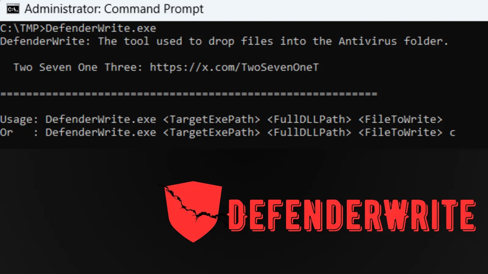 DefenderWrite Tool A Windows command prompt displays instructions for using a tool called DefenderWrite. The tool’s usage syntax appears above a red shield logo labeled DefenderWrite with a crack through the shield.