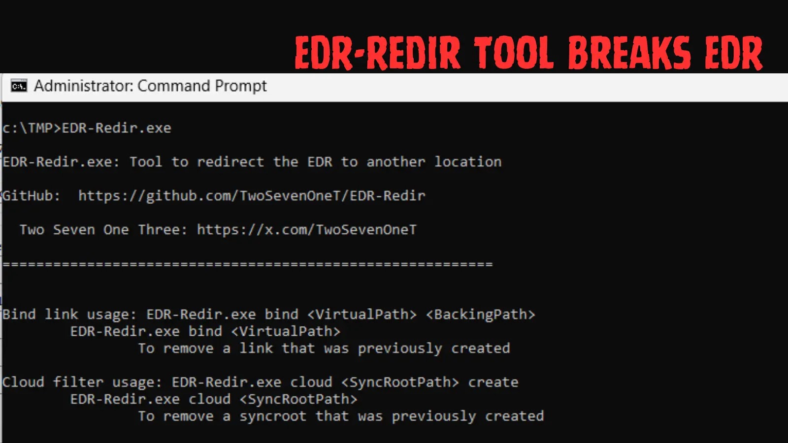A command prompt window titled EDR-REDIR TOOL BREAKDOWN displays usage instructions for the EDR-Redir tool, including commands and syntax for redirecting EDR and managing links and cloud sync paths.