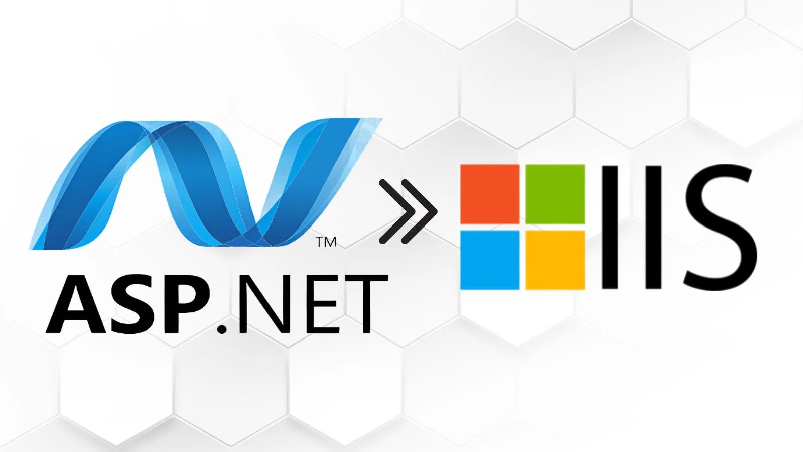 Hackers Abuse ASP.NE…_imresizer ASP.NET logo with an arrow pointing to the Microsoft IIS logo on a white hexagonal background, representing ASP.NET deployment to Internet Information Services (IIS).