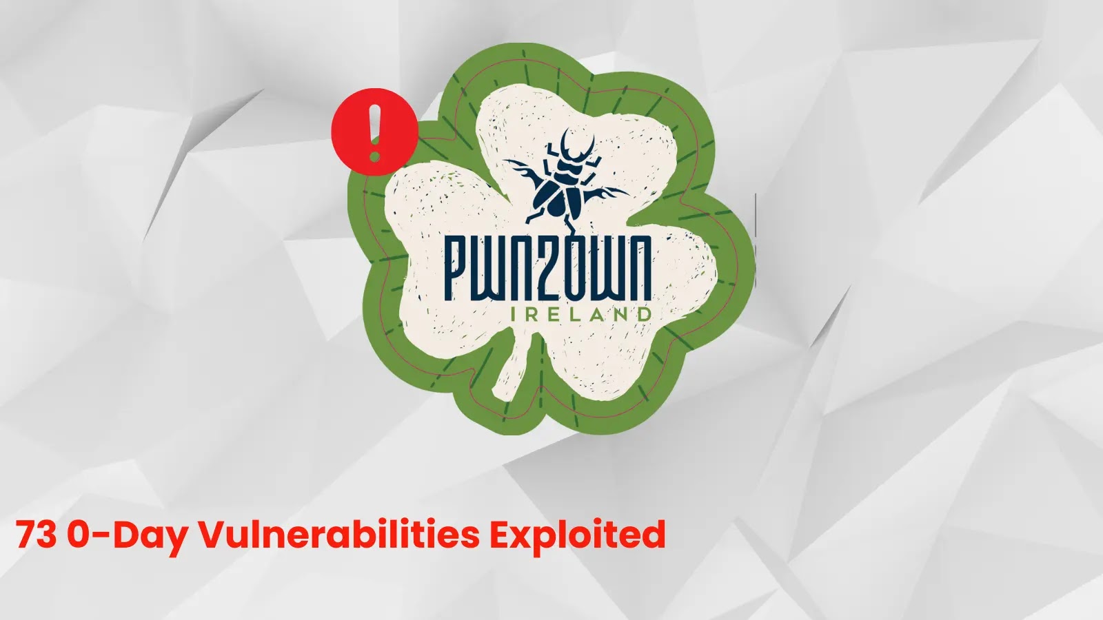 Hackers Earned 73 Unique 0-day Vulnerabilities A shamrock with a bug icon and the words Pwn2Own Ireland is shown. A red exclamation mark appears at the top left. Below, red text reads 73 0-Day Vulnerabilities Exploited. The background is geometric and white.