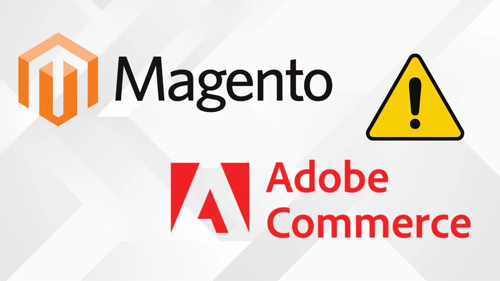 Hackers Exploiting M…_imresizer Magento and Adobe Commerce logos are shown with a yellow warning triangle, suggesting an alert or caution related to these platforms. The background is light with subtle geometric patterns.