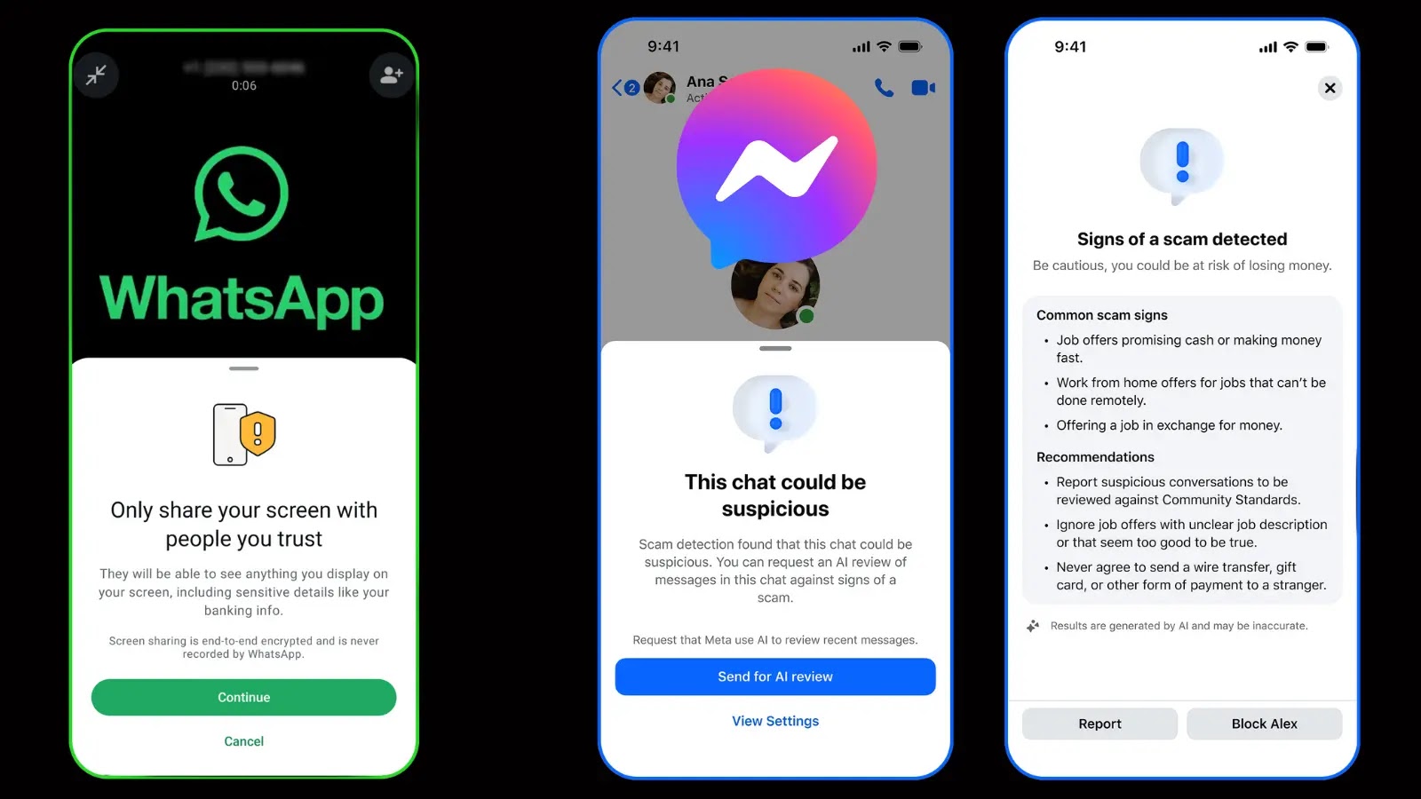 Meta Tools Protect Messenger and WhatsApp Three smartphone screens show safety warnings from messaging apps: WhatsApp urges to share screens only with trusted people; Messenger warns of a suspicious chat; another screen lists signs of a scam and options to block or report.