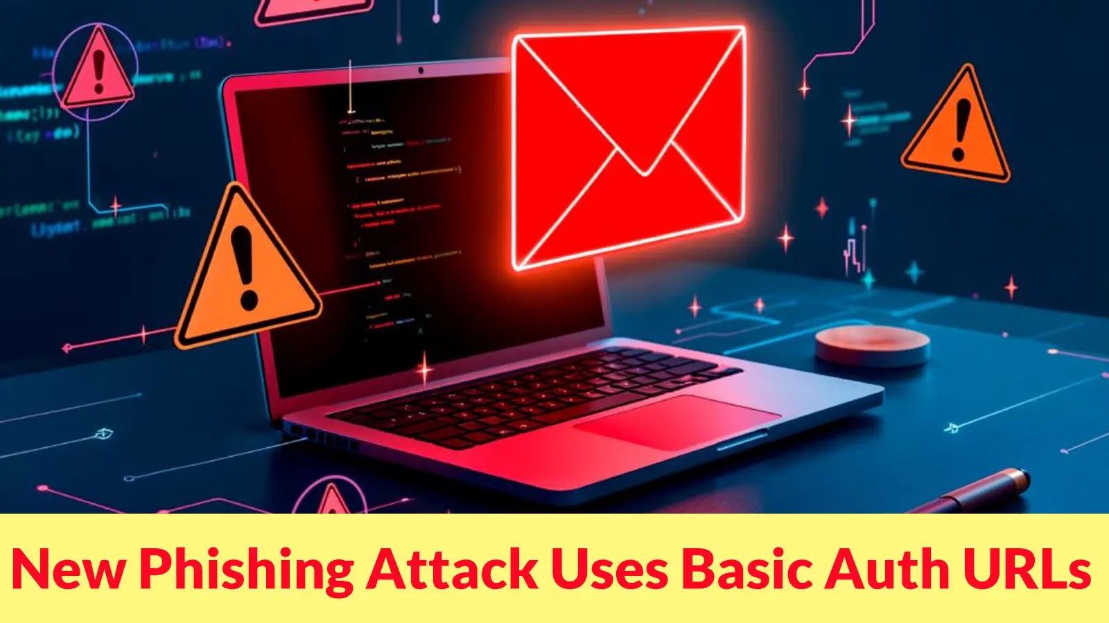 New Phishing Attack Uses Basic Auth URLs to Trick Users and Steal Login Credentials A laptop with warning signs and a large red email icon on the screen, surrounded by digital symbols, illustrating a cybersecurity threat. Text below reads: New Phishing Attack Uses Basic Auth URLs.