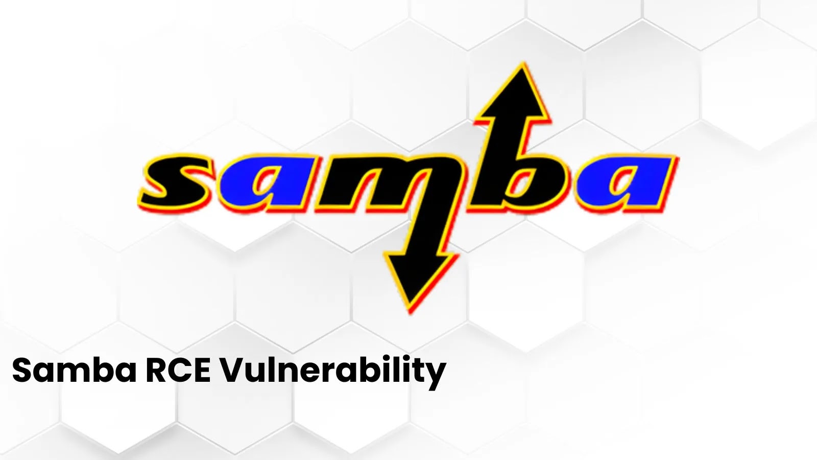 Samba RCE Vulnerabil…_imresizer The image shows the word samba in bold, stylized text with upward and downward arrows, and the caption Samba RCE Vulnerability in the lower left corner on a white hexagonal background.