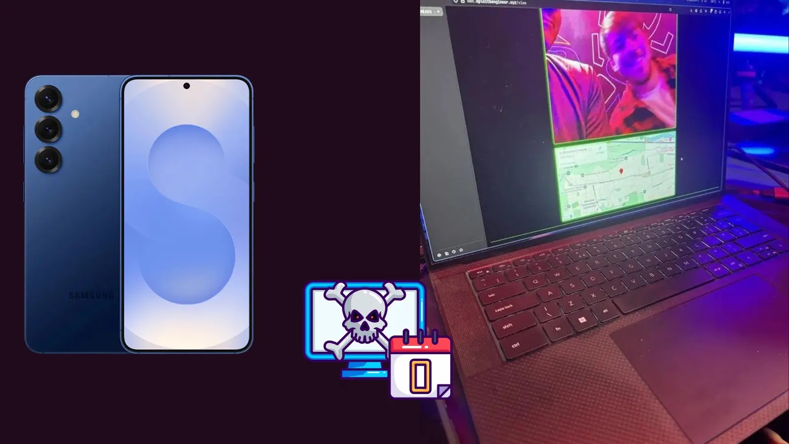 A Samsung smartphone and illustrated cybersecurity icons are shown on the left, while a laptop with a colorful digital map and faces on the screen is on the right.