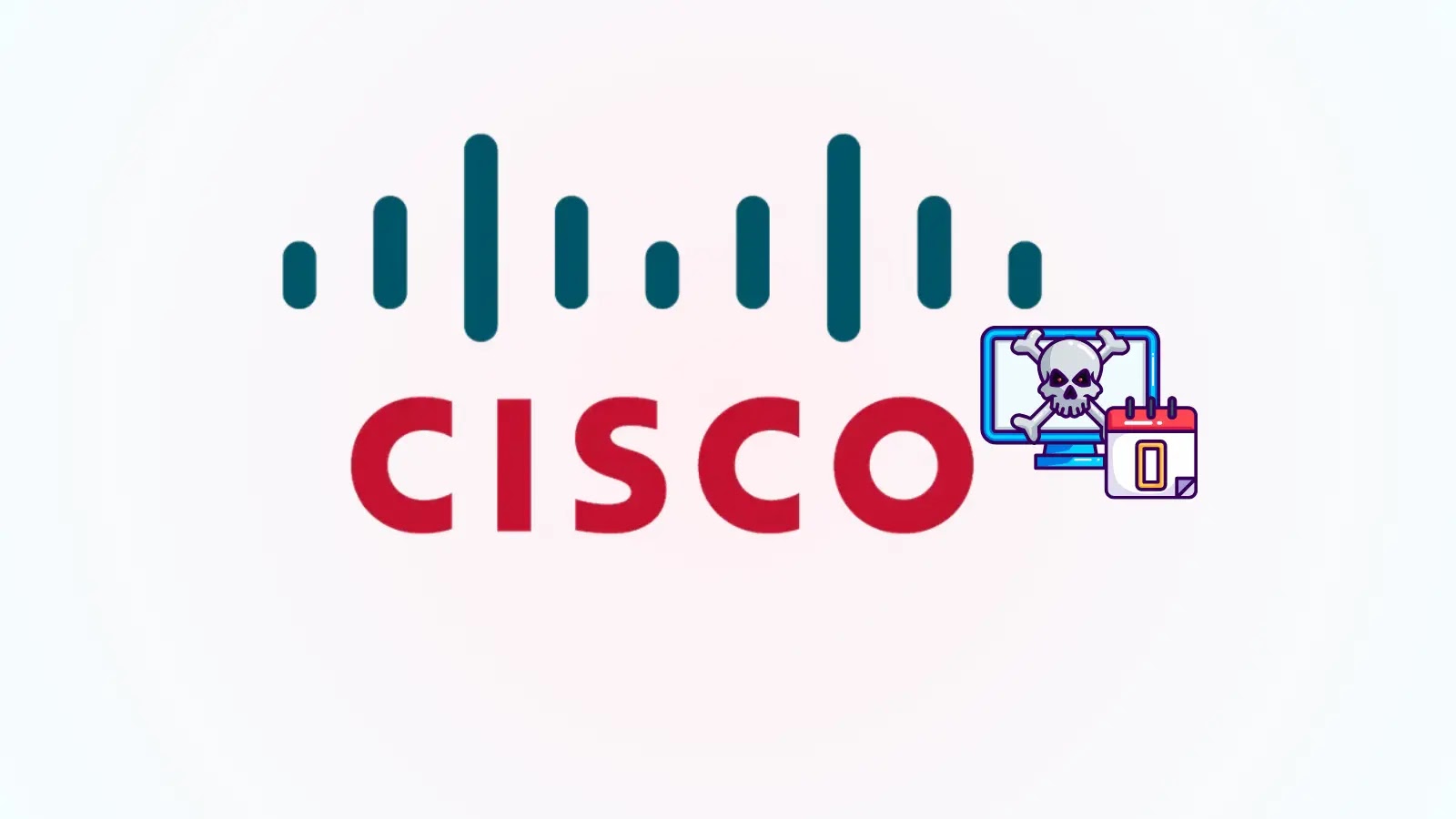 Senate Cisco Zero-Day Vulnerabilities The Cisco logo with a graphic of a computer displaying a skull and crossbones, symbolizing a cybersecurity threat or hacking incident.