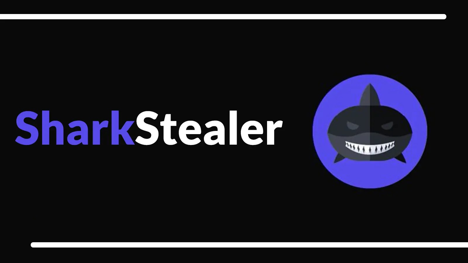 The word SharkStealer is written on a black background, with Shark in blue and Stealer in white. To the right, there is a cartoon shark with a mischievous grin inside a blue circle.