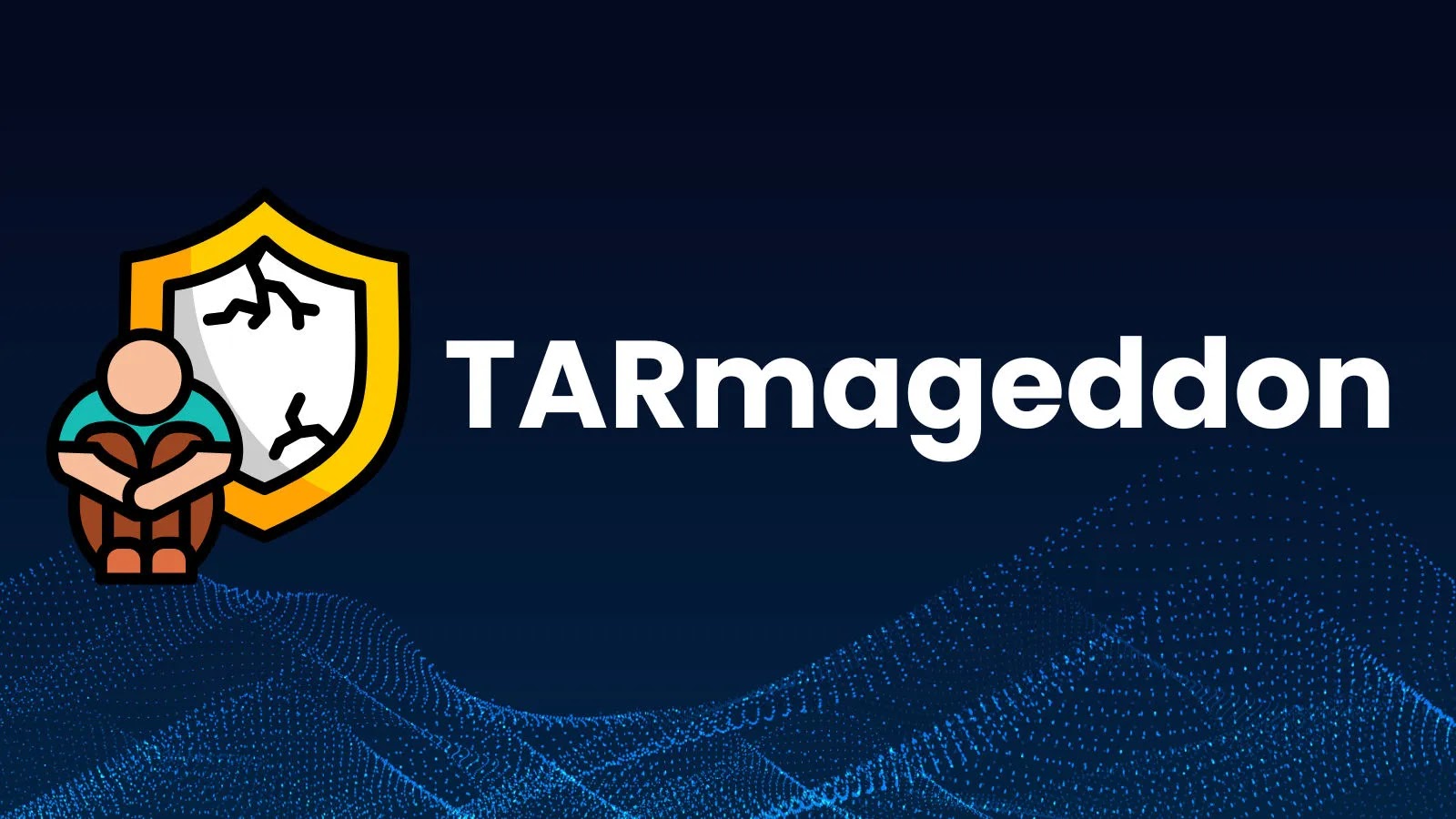A shield with a cracked surface and a person hugging their knees appears next to the word TARmageddon on a dark blue background with digital wave patterns.