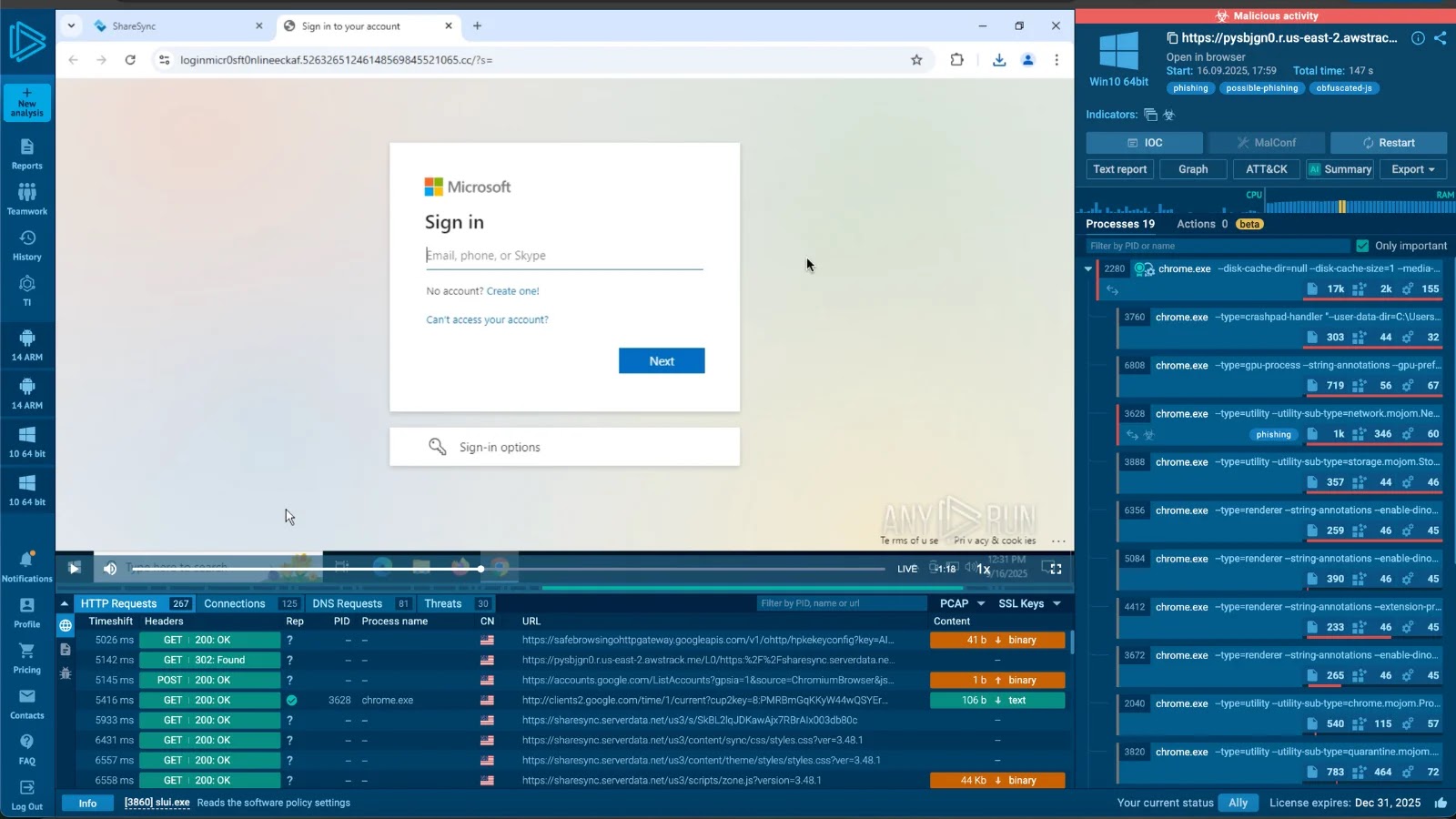 Tykit Phishing Kit A computer screen shows a Microsoft sign-in page in a web browser, while a network analysis tool runs in the background, displaying active connections, protocols, and various technical details.