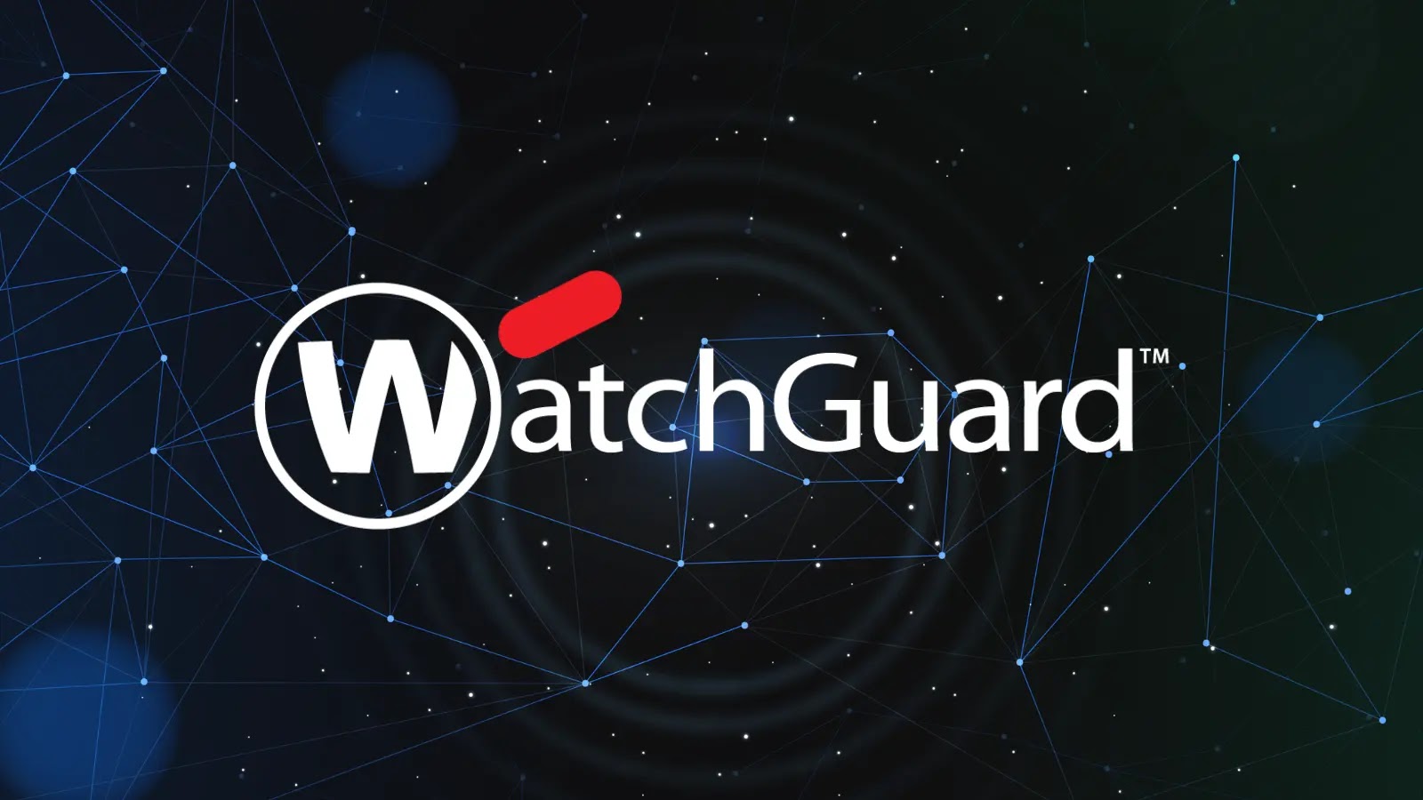 WatchGuard logo in white text with a red mark above the W, set against a dark, abstract background with blue, interconnected lines and glowing points.