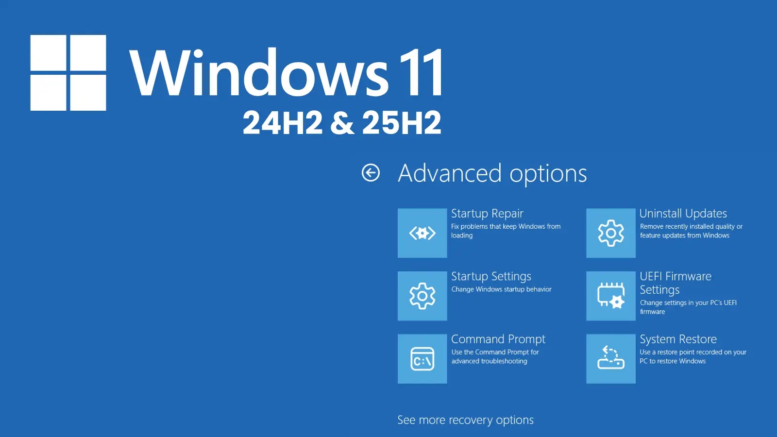 Windows 11 24H225H2 Update Blocks Recovery Windows 11 recovery screen showing advanced options: Startup Repair, Startup Settings, Command Prompt, Uninstall Updates, UEFI Firmware Settings, and System Restore. The text 24H2 & 25H2 is displayed under the Windows 11 logo.