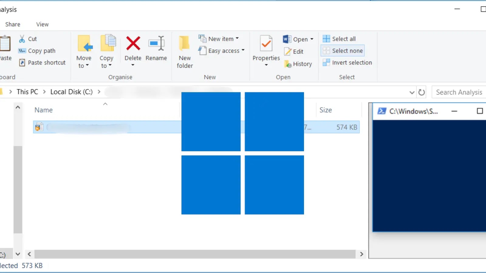 A Windows File Explorer window titled Analysis shows a single file selected. The right preview pane displays a large blue Windows logo with four squares. File details such as name and size are partially visible.